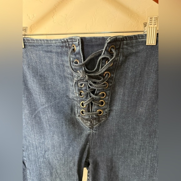 Free People|FP dark wash lace front skinny jeans,tie waist•••Adorable y2k boho - Picture 7 of 13
